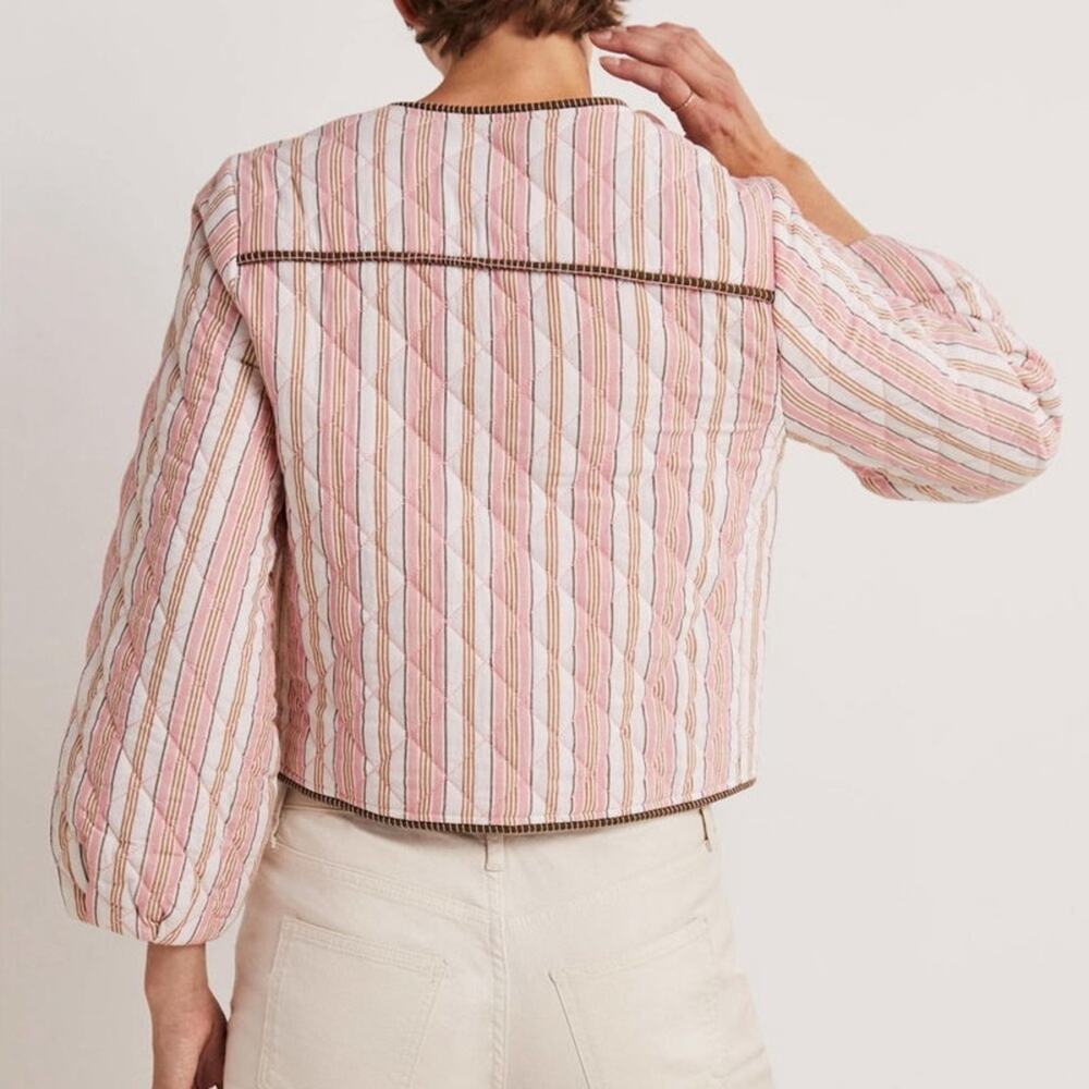 Boden Striped Embroidered Quilted Jacket Beaded Pink Crop Length Sz XS - Picture 2 of 13